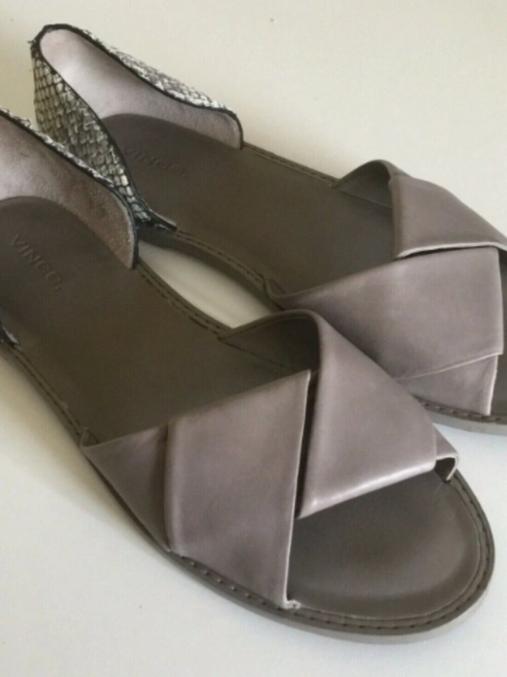 Vince | Gray Idara Sandal Leather D'orsay Snake Print Flat Open Toe Twist | 8.5